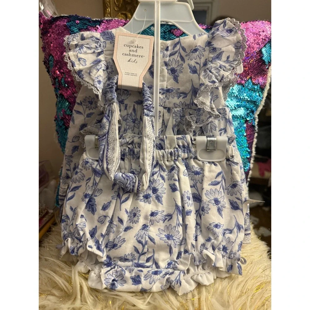 Cupcakes and Cashmere Kids Blue Floral 3pc Set Top Bloomers Headband 3-6M NWT - Picture 4 of 8